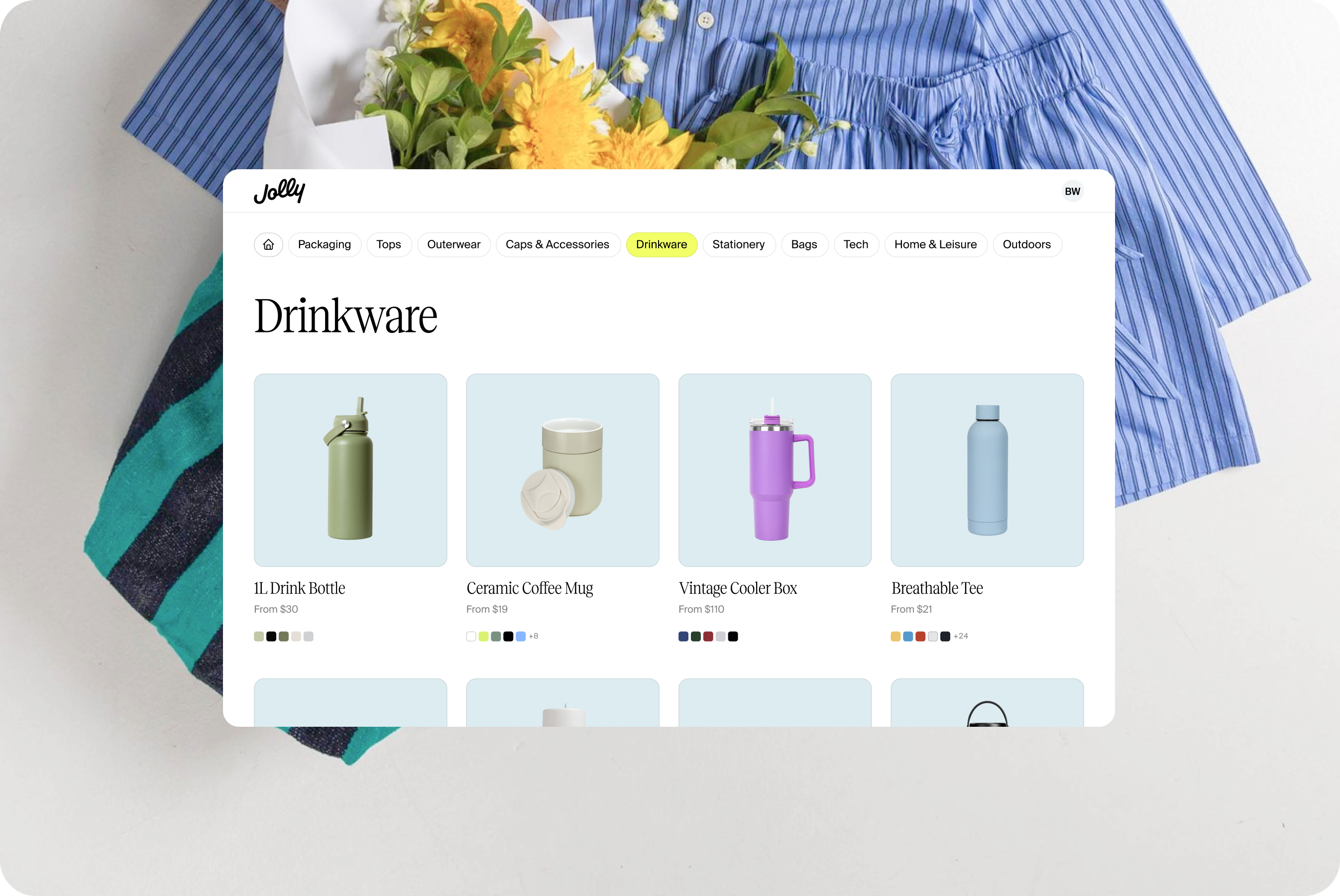 Jolly product catalog showing drinkware category