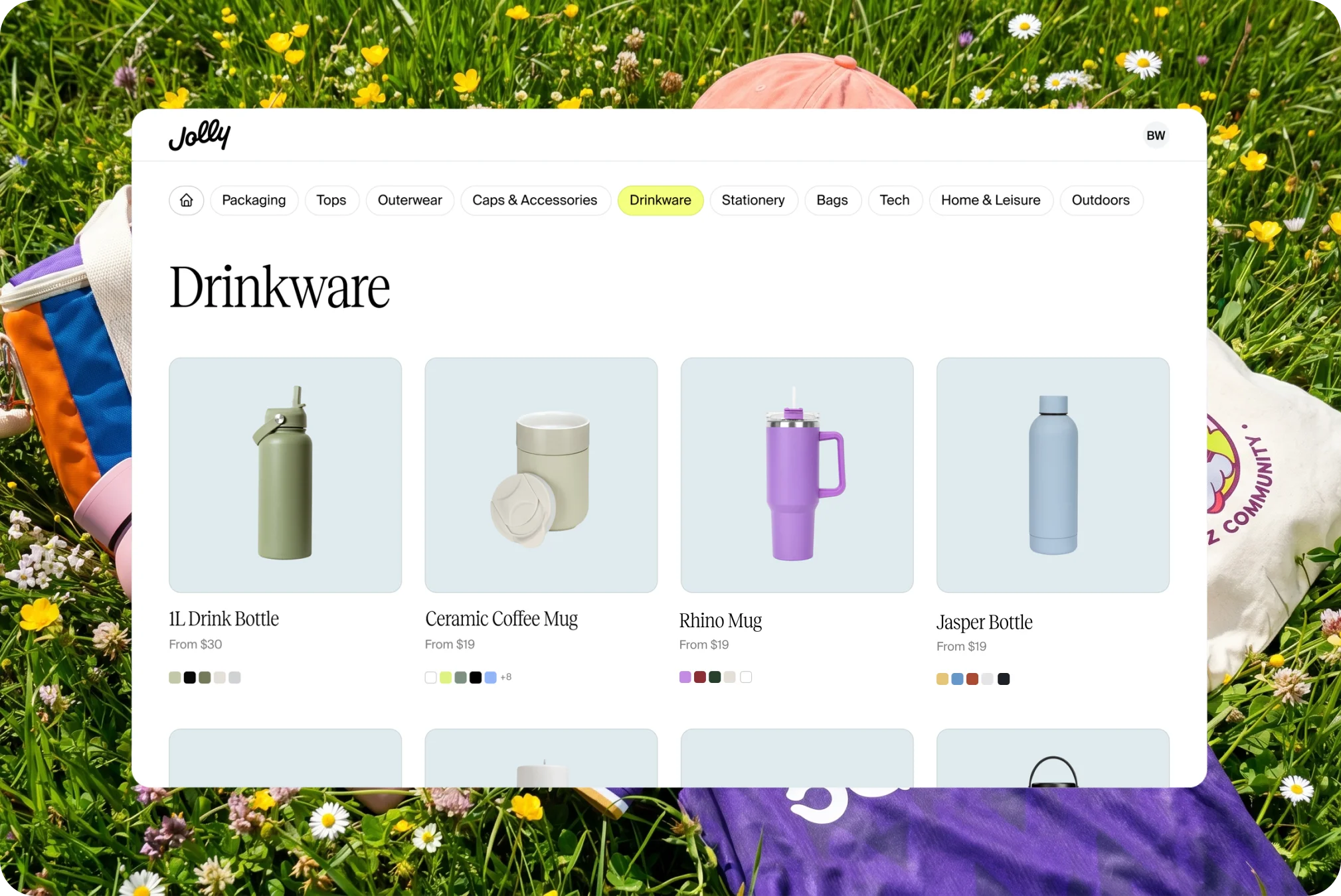 Jolly product catalog showing drinkware category
