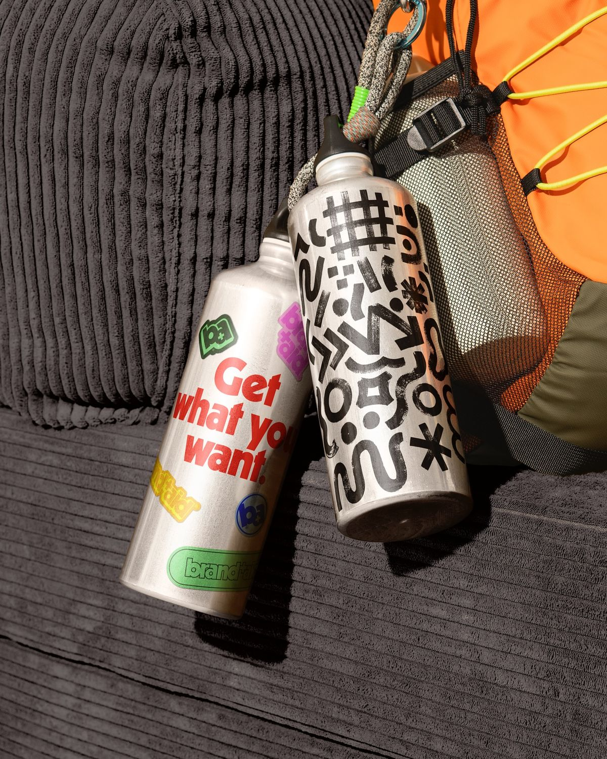 Branded water bottle with stickers